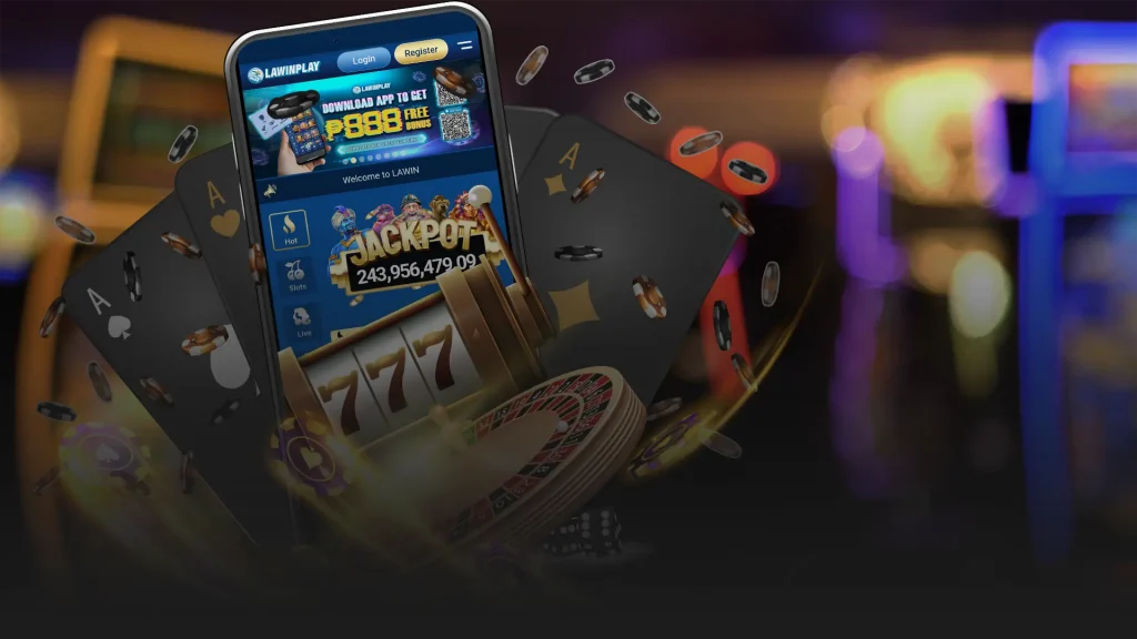 A dynamic image showcasing a smartphone with the Lawinplay app screen, flanked by casino elements like playing cards, poker chips, and a roulette wheel, all suggesting an immersive mobile casino experience.