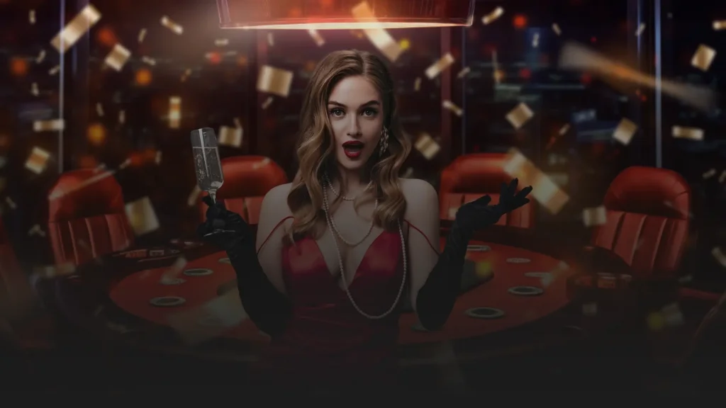 An elegant woman in a red dress with a glass of champagne in a casino setting, surrounded by falling golden confetti, represents the glamour and bonuses awaiting players at Lawin Play.